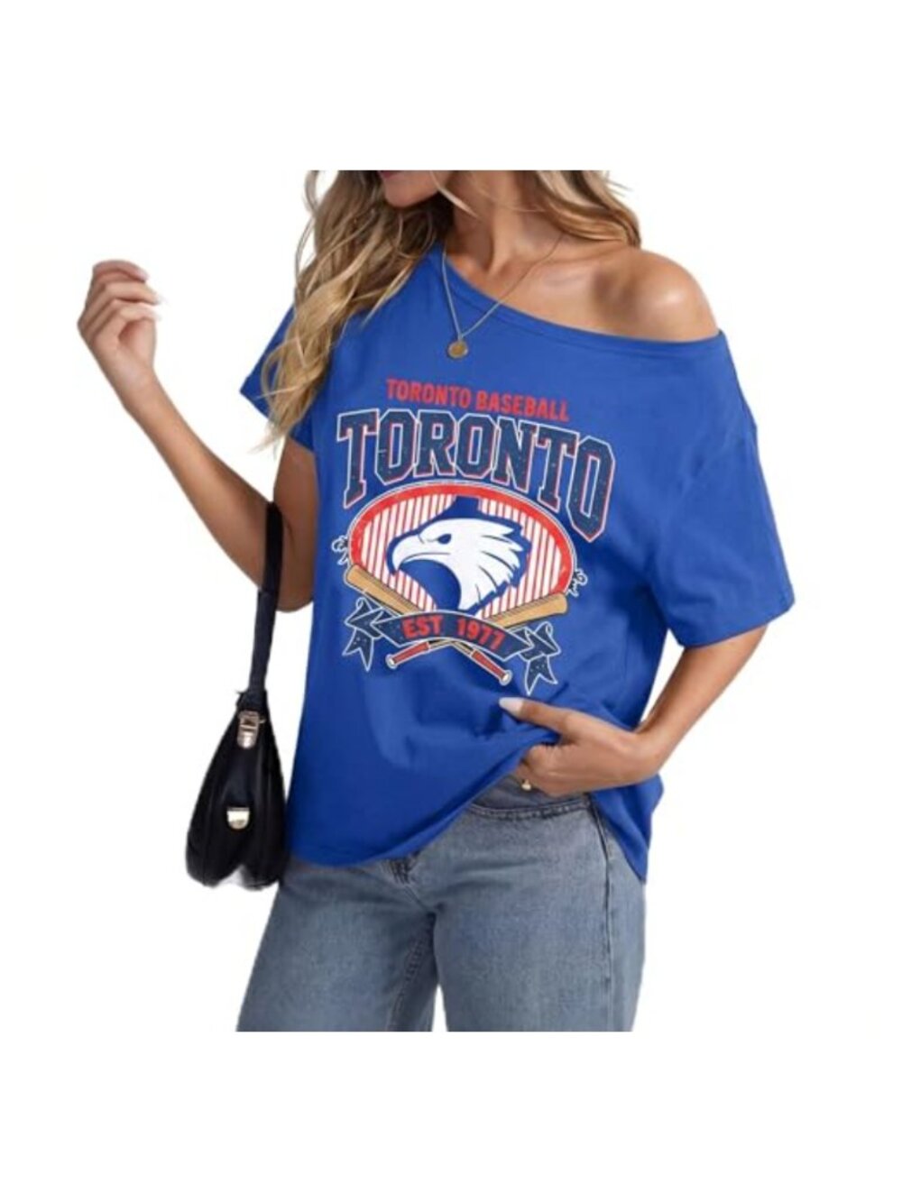 Baseball Graphic Tee Off Shoulder Casual Summer Top Fitted Cotton Blend